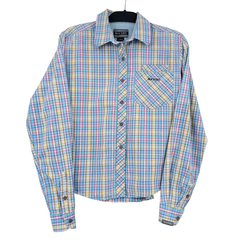 Rockies VTG‎ Plaid Button Down Women Large 100% Cotton Blue Multi Western